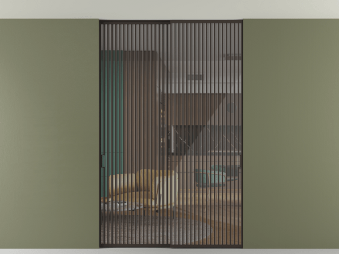 Перегородка Формато внутри проёма скрытое крепление в потолок 2 створки АЛПР 040.06 Алюминий антрацит Рефлективное прозрачное стекло "Стопсол", калёное Цена 27160 AZE | Volhovec