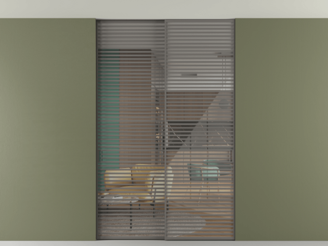 Перегородка Формато внутри проёма скрытое крепление в потолок 2 створки АЛПР 040.07 Алюминий классический серый Рефлективное прозрачное стекло "Стопсол", калёное Цена 27160 AZE | Volhovec