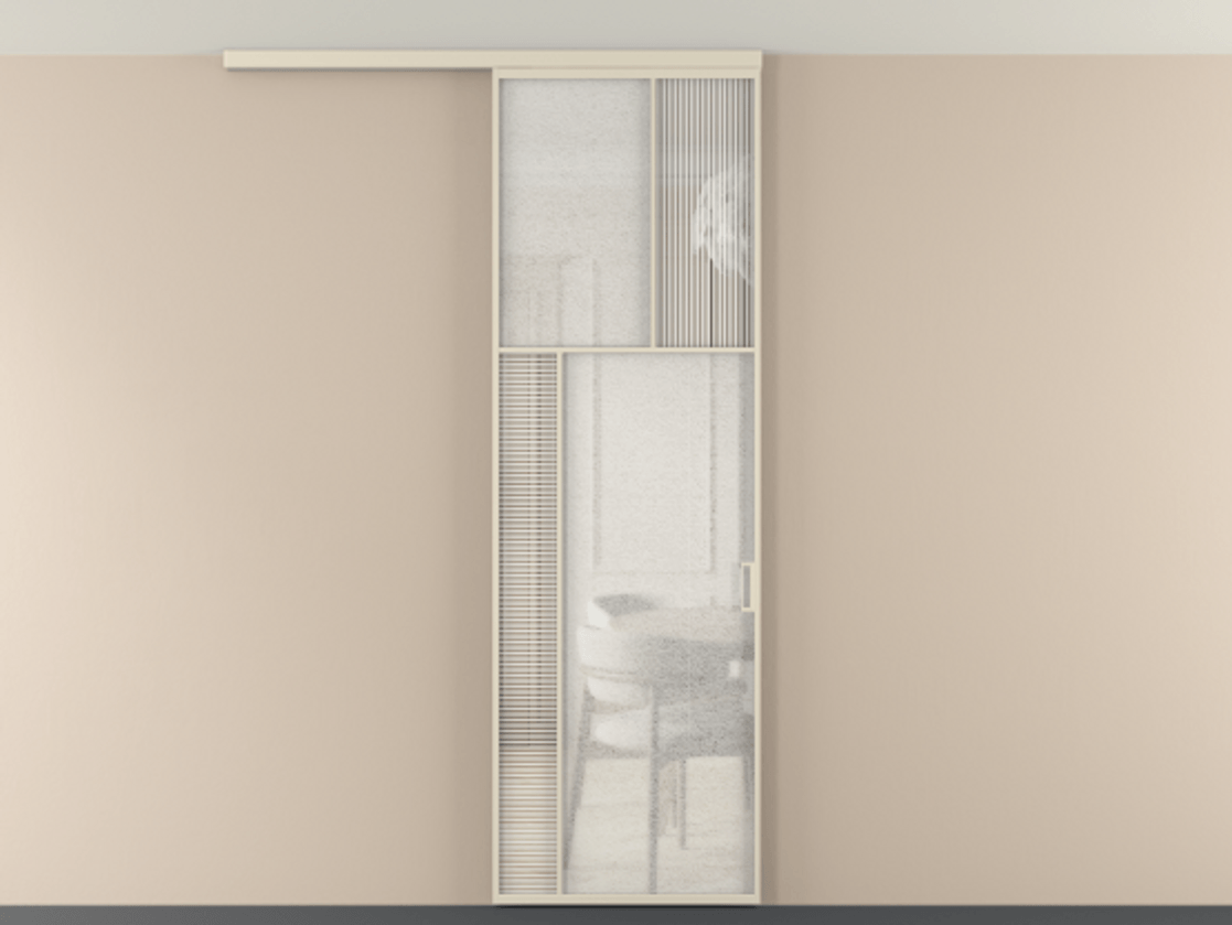 Перегородка Мозаик вдоль стены на потолок 1 створка АЛПР 041.22 Алюминий бежево-серый Рифлёное стекло "Дюна", триплекс, 6 мм + Фактурное стекло "Лёд", триплекс Цена 7460 AZE | Volhovec