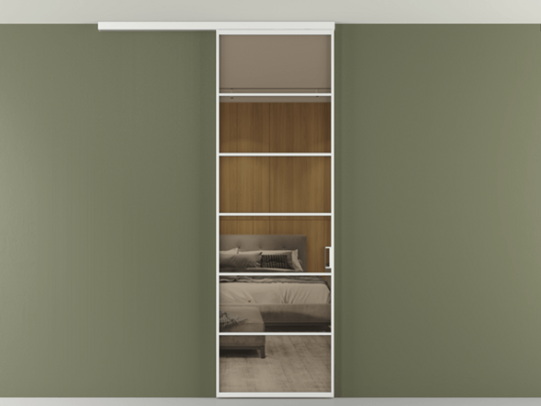 Перегородка Формато вдоль стены на потолок 1 створка АЛПР 040.04 Алюминий белоснежный Рефлективное бронзовое стекло "Стопсол", калёное Цена 114252 ₽ | Volhovec