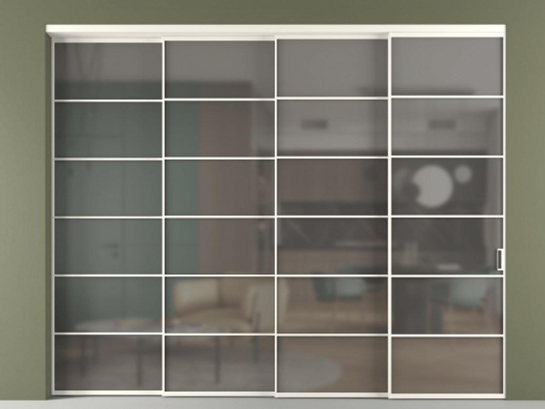 Перегородка Формато внутри проёма 4 створки с синхронным механизмом АЛПР 040.04 Алюминий пудровый белый Сатинированное серое стекло, триплекс. Цена 25470 AZE 1. Полотно 4 шт. (800/2100 мм)
2. Комплект установки раздвижной системы
3. Базовый комплект фурнитуры
4. Комплект фурнитуры телескопик синхро-3
5. Ручка Рондо. Фабрика дверей Волховец 8 (800) 551 43 19 Перегородка Формато внутри проёма 4 створки с синхронным механизмом АЛПР 040.04 Алюминий пудровый белый Сатинированное серое стекло, триплекс Цена 25470 AZE | Volhovec