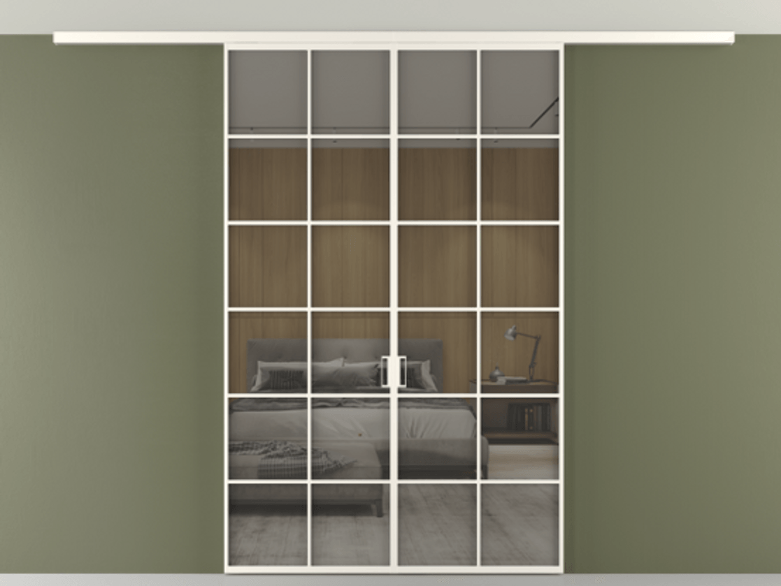 Перегородка Формато вдоль стены на потолок 2 створки АЛПР 040.05 Алюминий пудровый белый Рефлективное серое стекло "Стопсол", калёное Цена 13610 AZE | Volhovec