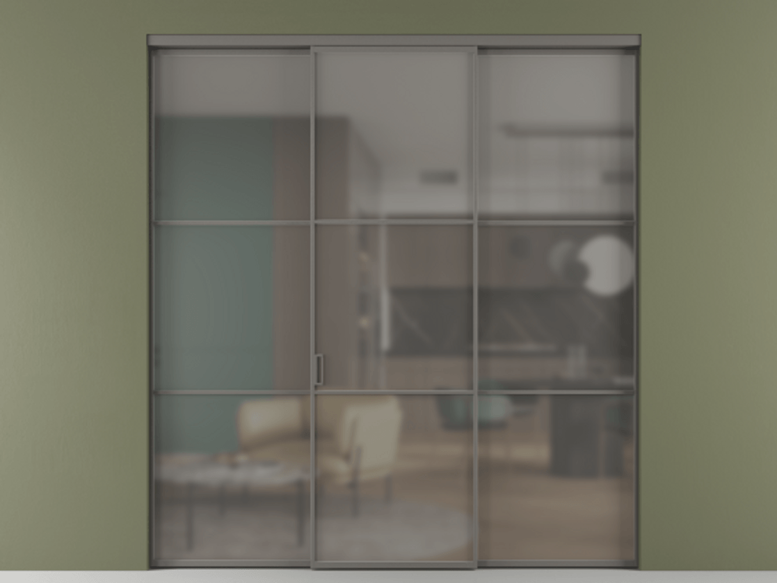 Перегородка Formato внутри проёма 3 створки АЛПР 040.03 Алюминий классический серый Сатинированное серое стекло, триплекс Цена 12370 AZE | Volhovec