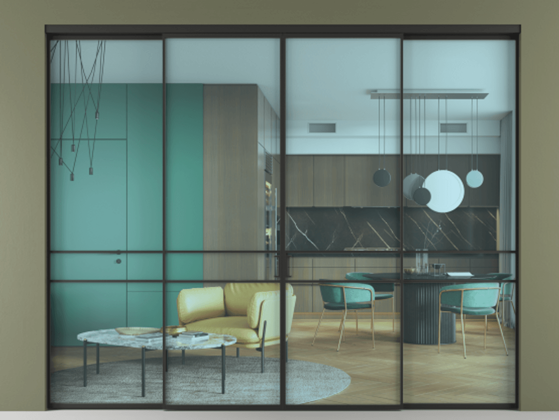 Перегородка Formato внутри проёма 4 створки АЛПР 040.02 Алюминий Черный Прозрачное голубое стекло, триплекс Цена 16900 AZE  | Volhovec