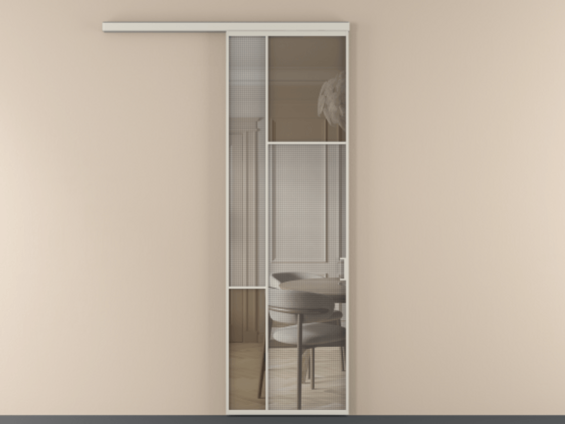 Перегородка Mosaic вдоль стены 1 створка АЛПР 041.11  Алюминий облачно-серый Декоративное стекло с сеткой "Mesh silver", триплекс, 6 мм + Прозрачное бронзовое стекло, триплекс Цена 7460 AZE | Volhovec