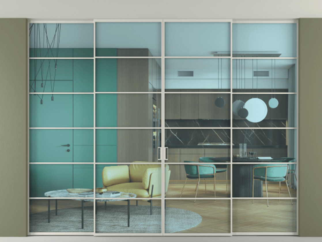 Перегородка Formato внутри проёма скрытое крепление в потолок 4 створки АЛПР 040.04 Алюминий тёплый серый Прозрачное голубое стекло, триплекс Цена 29100 AZE | Volhovec