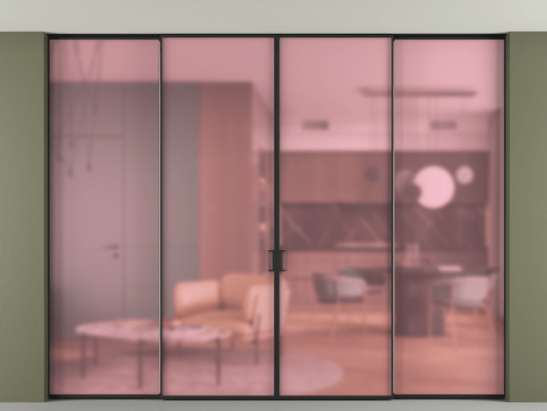 Перегородка Formato внутри проёма скрытое крепление в потолок 4 створки АЛПР 040.01 Алюминий Черный Сатинированное розовое стекло, триплекс Цена 22200 AZE | Volhovec