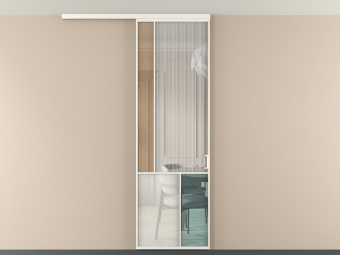 Перегородка Мозаик вдоль стены на потолок 1 створка АЛПР 041.20 Алюминий пудровый белый Комбинация стекол Группы 1 и Группы 3 Цена 7400 AZE | Volhovec