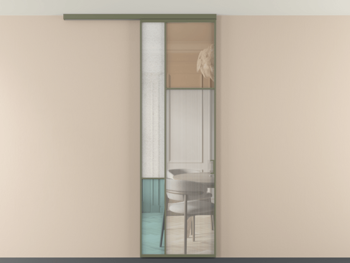 Перегородка Мозаик вдоль стены на потолок 1 створка АЛПР 041.11 Алюминий оливковый тёмный Комбинация стекол Группы 1 и Группы 3 Цена 7400 AZE | Volhovec