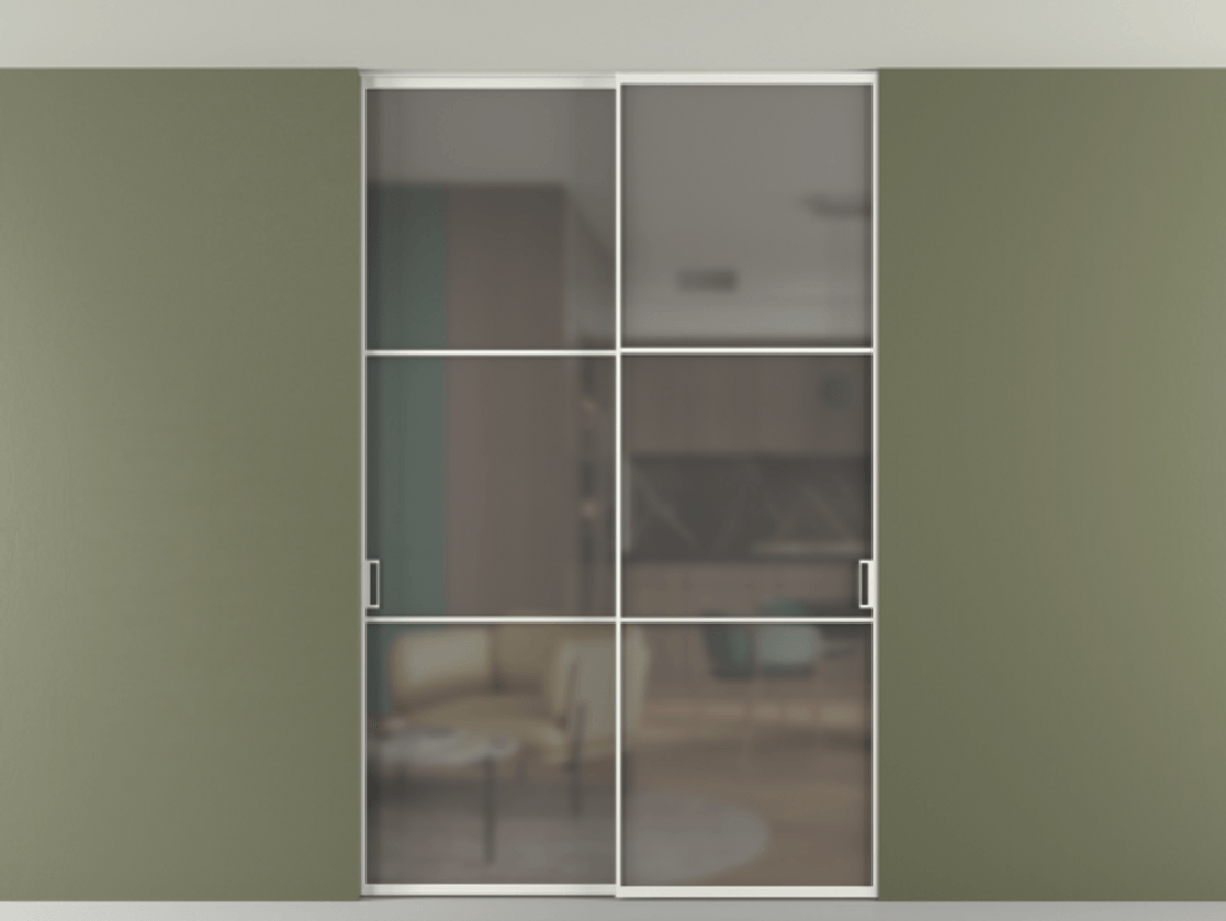 Перегородка Формато внутри проёма скрытое крепление в потолок 2 створки АЛПР 040.03 Алюминий светло-серый Сатинированное серое стекло, триплекс Цена 12940 AZE | Volhovec