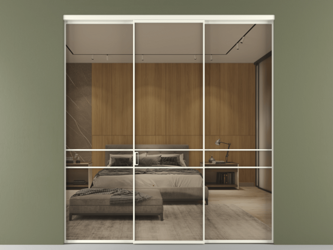 Перегородка Formato внутри проёма 3 створки АЛПР 040.02 Алюминий жемчужный Рефлективное бронзовое стекло "Стопсол", калёное Цена 16550 AZE | Volhovec