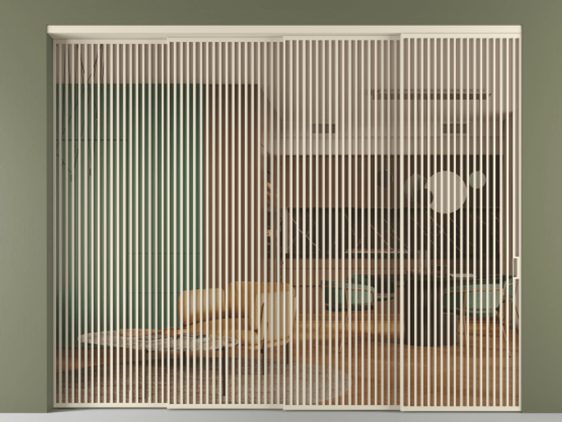 Перегородка Formato внутри проёма 4 створки с синхронным механизмом АЛПР 040.06 Алюминий бежево-серый Прозрачное оранжевое стекло, триплекс Цена 40500 AZE | Volhovec