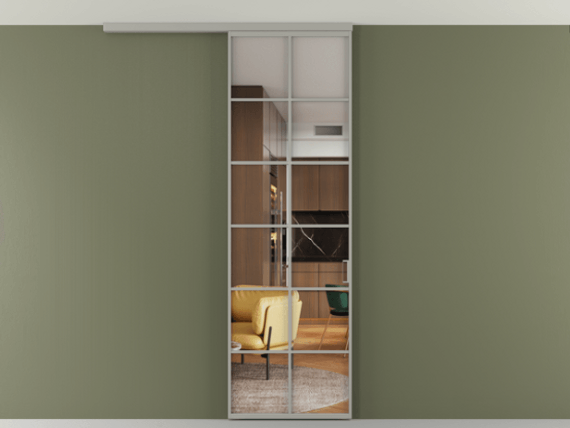 Перегородка Формато вдоль стены на потолок 1 створка АЛПР 040.05 Алюминий нейтральный серый Прозрачное стекло "Кристал Вижн", калёное Цена 6990 AZE | Volhovec