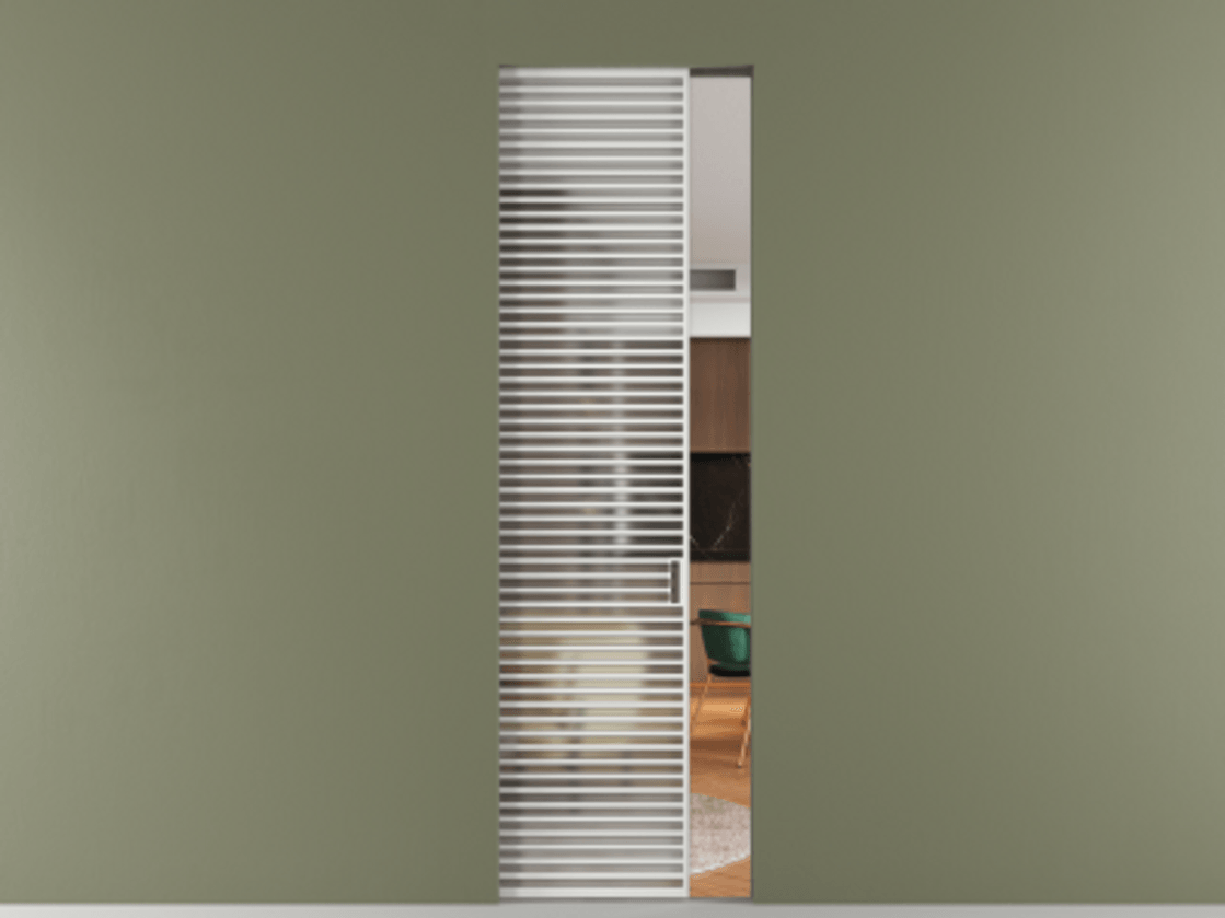 Перегородка Формато скрытый пенал 1 створка АЛПР 040.07 Алюминий белоснежный Сатинированное стекло "Мателюкс Кристал Вижн", калёное, матовое, каленое 6 мм Цена 12520 AZE | Volhovec