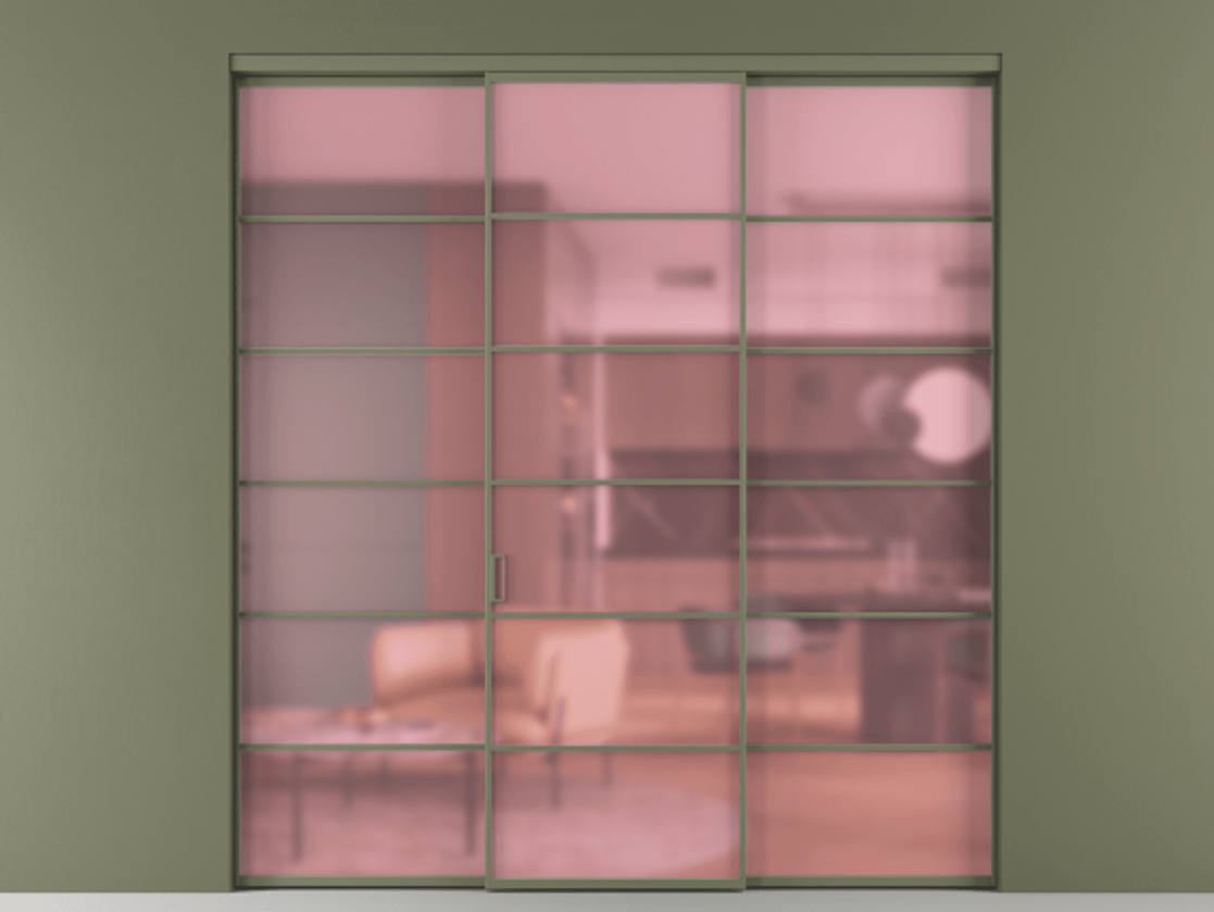 Перегородка Formato внутри проёма 3 створки АЛПР 040.04 Алюминий оливковый тёмный Сатинированное розовое стекло, триплекс Цена 13900 AZE | Volhovec