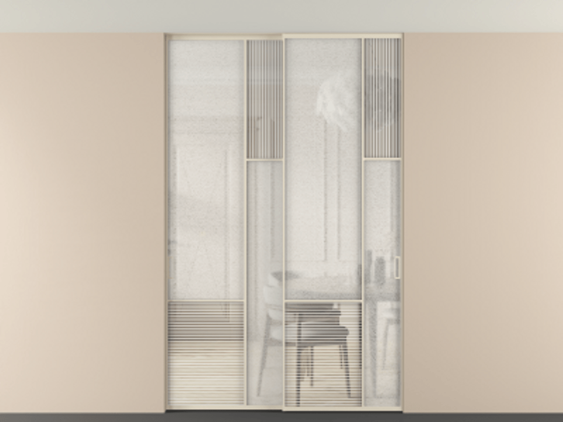 Перегородка Мозаик внутри проёма скрытое крепление в потолок 2 створки АЛПР 041.12 Алюминий бежево-серый Рифлёное стекло "Дюна", триплекс, 6 мм + Фактурное стекло "Лёд", триплекс Цена 17750 AZE | Volhovec