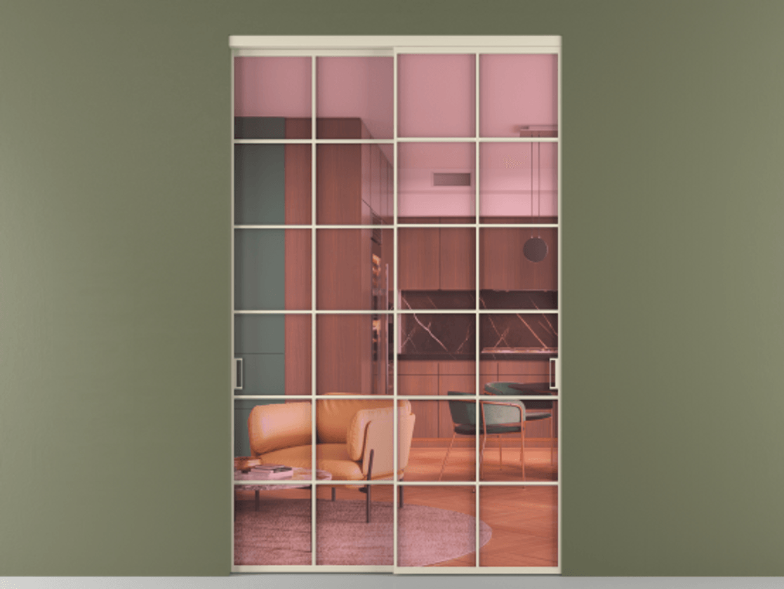 Перегородка Formato внутри проёма 2 створки АЛПР 040.05 Алюминий бежево-серый Прозрачное розовое стекло, триплекс Цена 90282220 so'm  | Volhovec