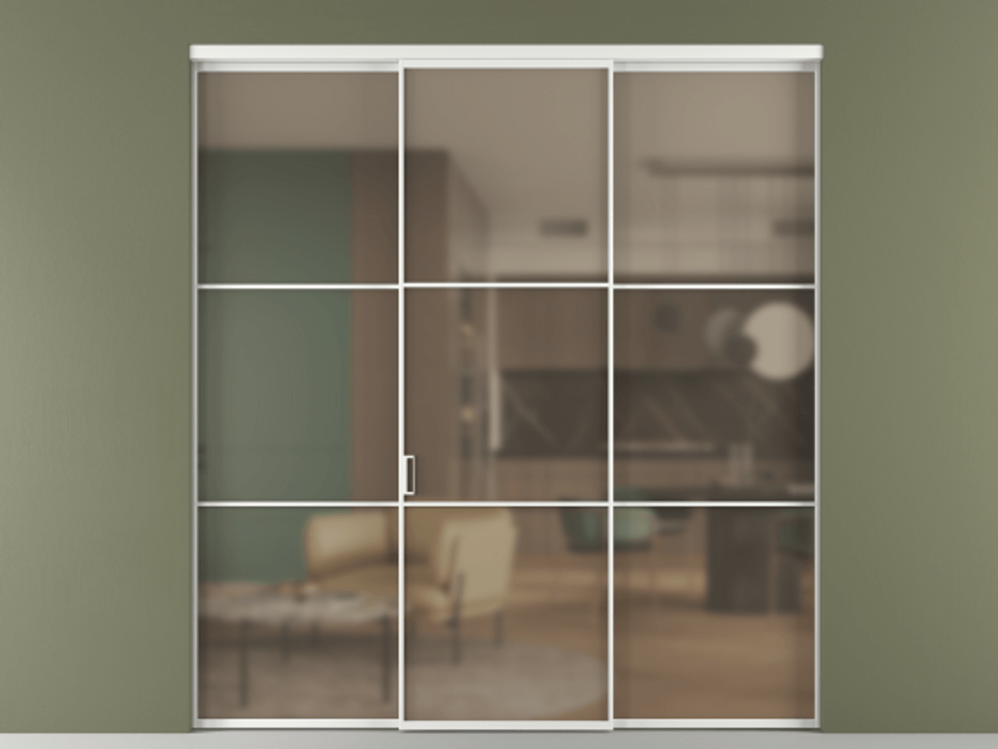 Перегородка Формато внутри проёма 3 створки АЛПР 040.03 Алюминий белоснежный Сатинированное бронзовое стекло, триплекс Цена 12370 AZE | Volhovec