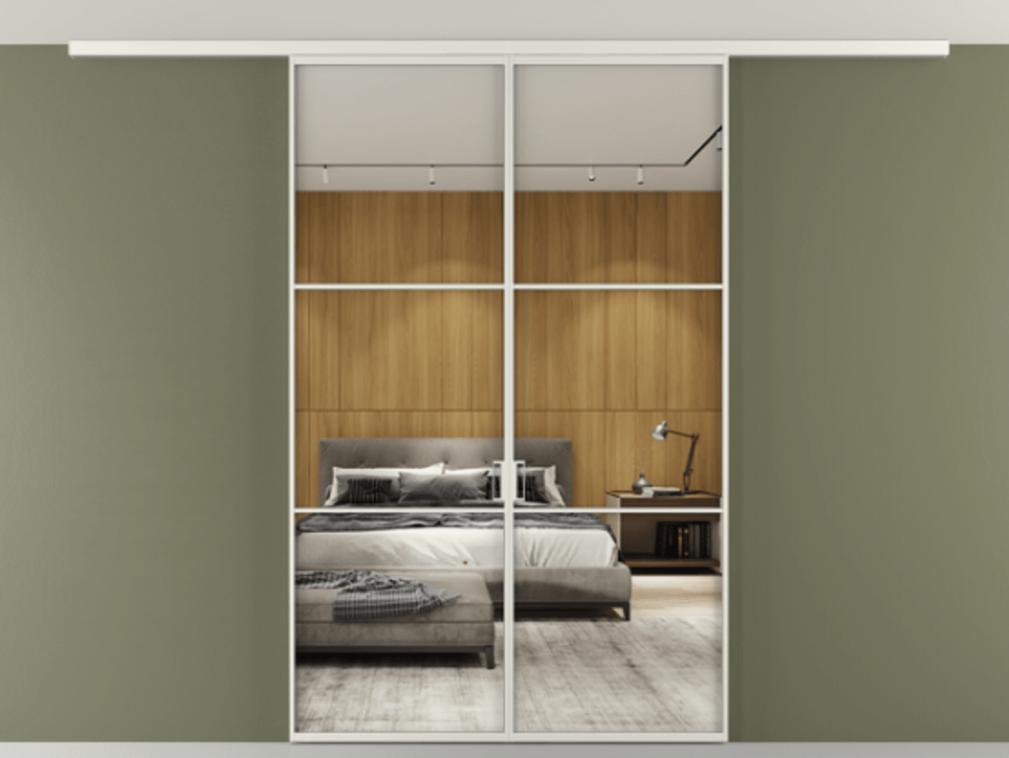 Перегородка Формато вдоль стены на потолок 2 створки АЛПР 040.03 Алюминий серый Двустороннее зеркало, триплекс , триплекс 6 мм Цена 11880 AZE | Volhovec