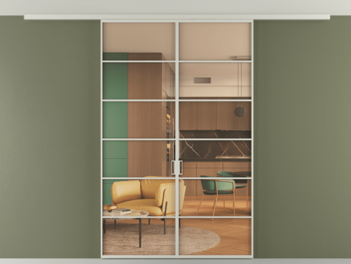 Перегородка Формато вдоль стены на потолок 2 створки АЛПР 040.04 Алюминий тёплый серый Прозрачное оранжевое стекло, триплекс Цена 10400 AZE | Volhovec