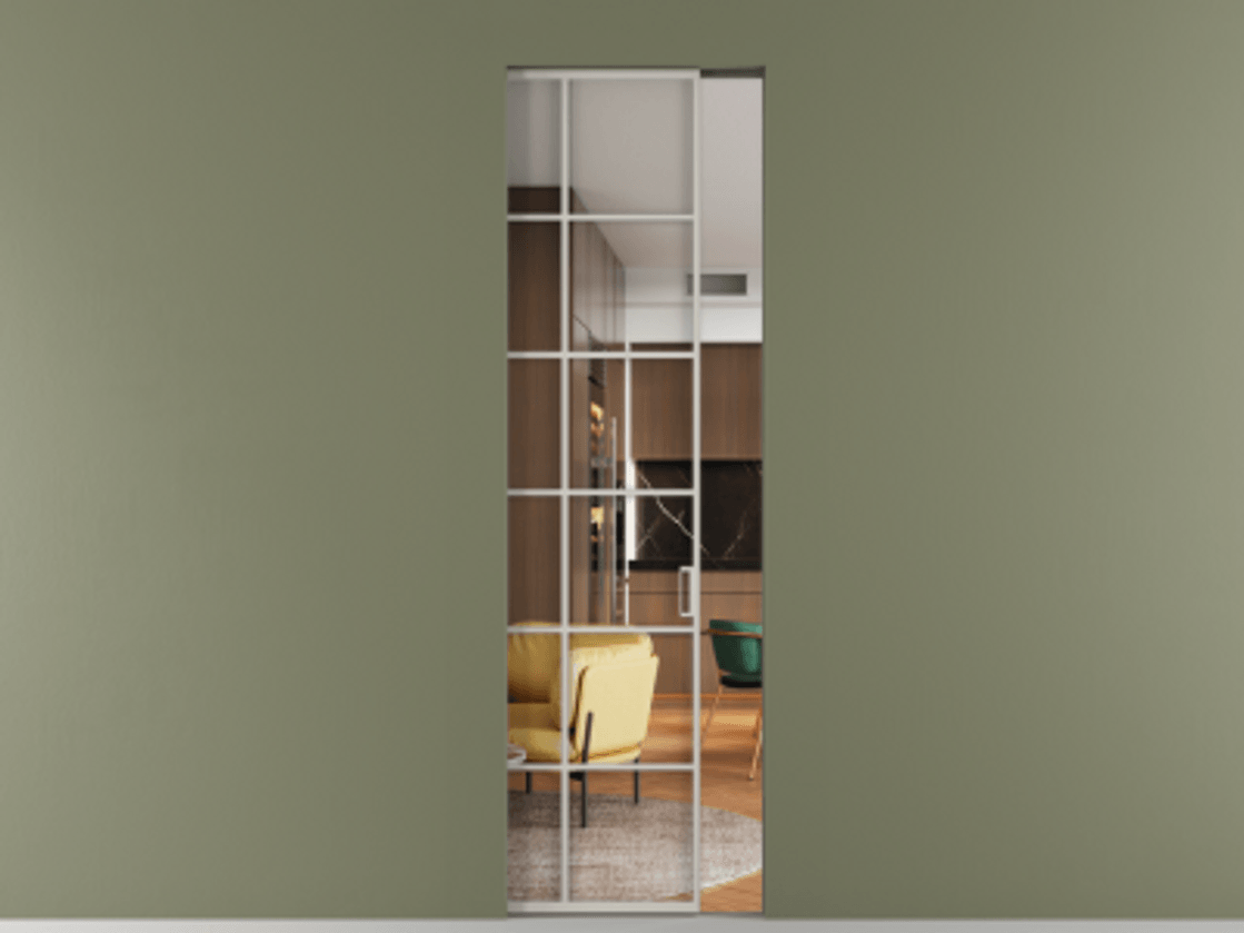 Перегородка Formato скрытый пенал 1 створка АЛПР 040.05 Алюминий тёплый серый Прозрачное стекло "Crystal Vision", калёное Цена 9700 AZE | Volhovec