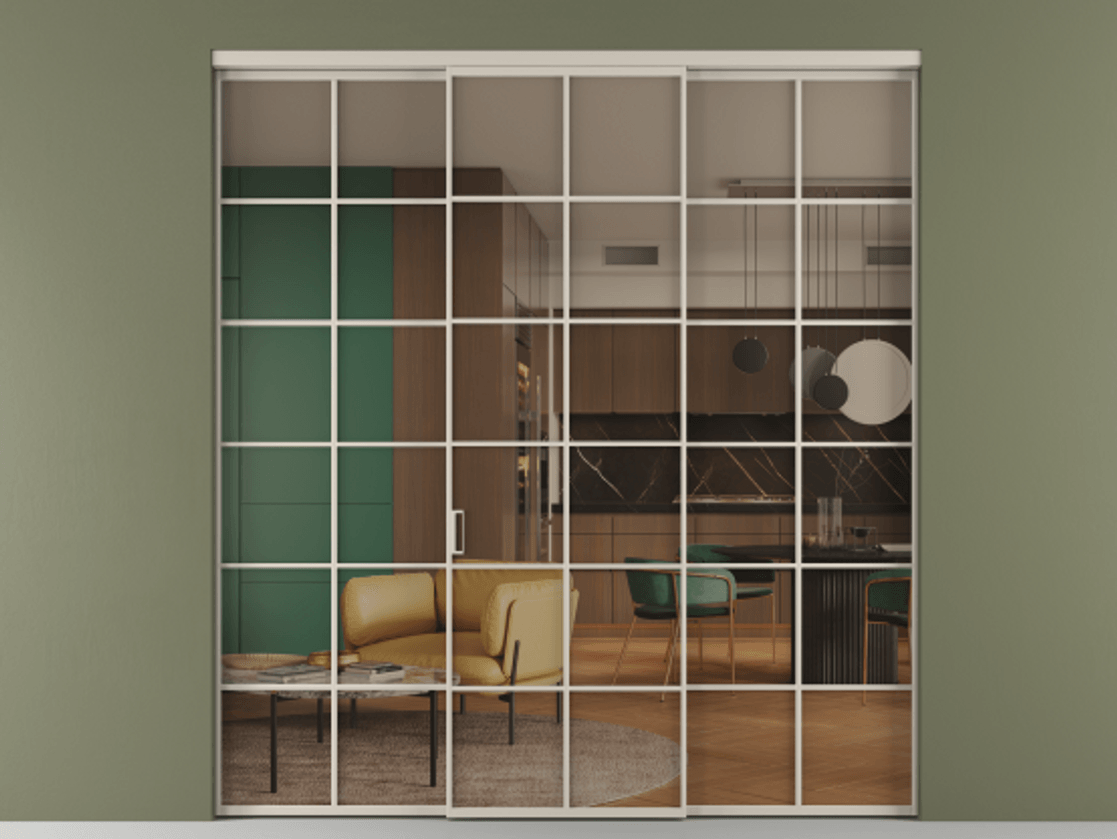 Перегородка Formato внутри проёма 3 створки АЛПР 040.05 Алюминий светло-бежевый Прозрачное бронзовое стекло, триплекс Цена 13280 AZE | Volhovec