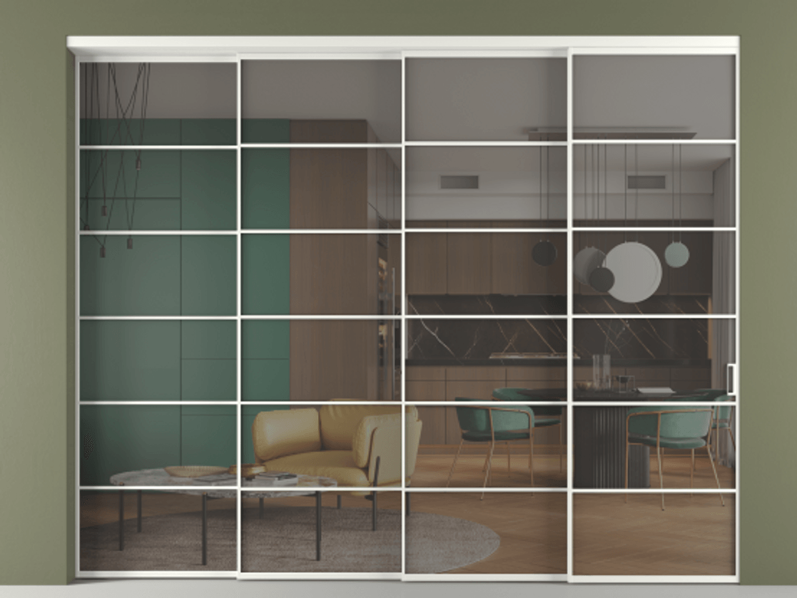 Перегородка Формато внутри проёма 4 створки с синхронным механизмом АЛПР 040.04 Алюминий светло-серый Прозрачное серое стекло, триплекс. Цена 25470 AZE 1. Полотно 4 шт. (800/2100 мм)
2. Комплект установки раздвижной системы
3. Базовый комплект фурнитуры
4. Комплект фурнитуры телескопик синхро-3
5. Ручка Рондо. Фабрика дверей Волховец 8 (800) 551 43 19 Перегородка Формато внутри проёма 4 створки с синхронным механизмом АЛПР 040.04 Алюминий светло-серый Прозрачное серое стекло, триплекс Цена 25470 AZE | Volhovec