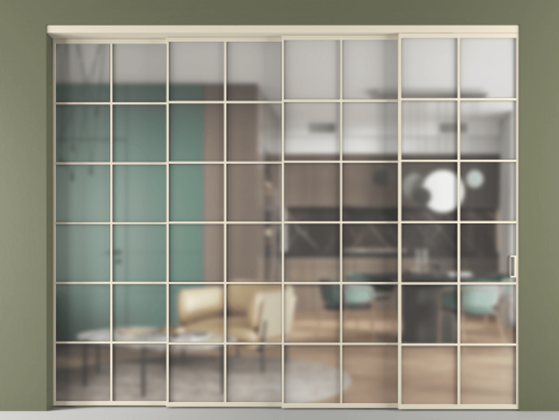 Перегородка Формато внутри проёма 4 створки с синхронным механизмом АЛПР 040.05 Алюминий бежево-серый Сатинированное стекло "Мателюкс Кристал Вижн", калёное, матовое, каленое 6 мм. Цена 26810 AZE 1. Полотно 4 шт. (800/2100 мм)
2. Комплект установки раздвижной системы
3. Базовый комплект фурнитуры
4. Комплект фурнитуры телескопик синхро-3
5. Ручка Рондо. Фабрика дверей Волховец 8 (800) 551 43 19 Перегородка Формато внутри проёма 4 створки с синхронным механизмом АЛПР 040.05 Алюминий бежево-серый Сатинированное стекло "Мателюкс Кристал Вижн", калёное, матовое, каленое 6 мм Цена 26810 AZE | Volhovec