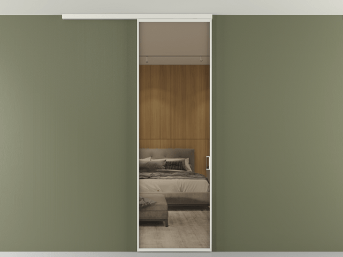 Перегородка Формато вдоль стены на потолок 1 створка АЛПР 040.01 Алюминий серый Рефлективное бронзовое стекло "Стопсол", калёное Цена 6230 AZE | Volhovec