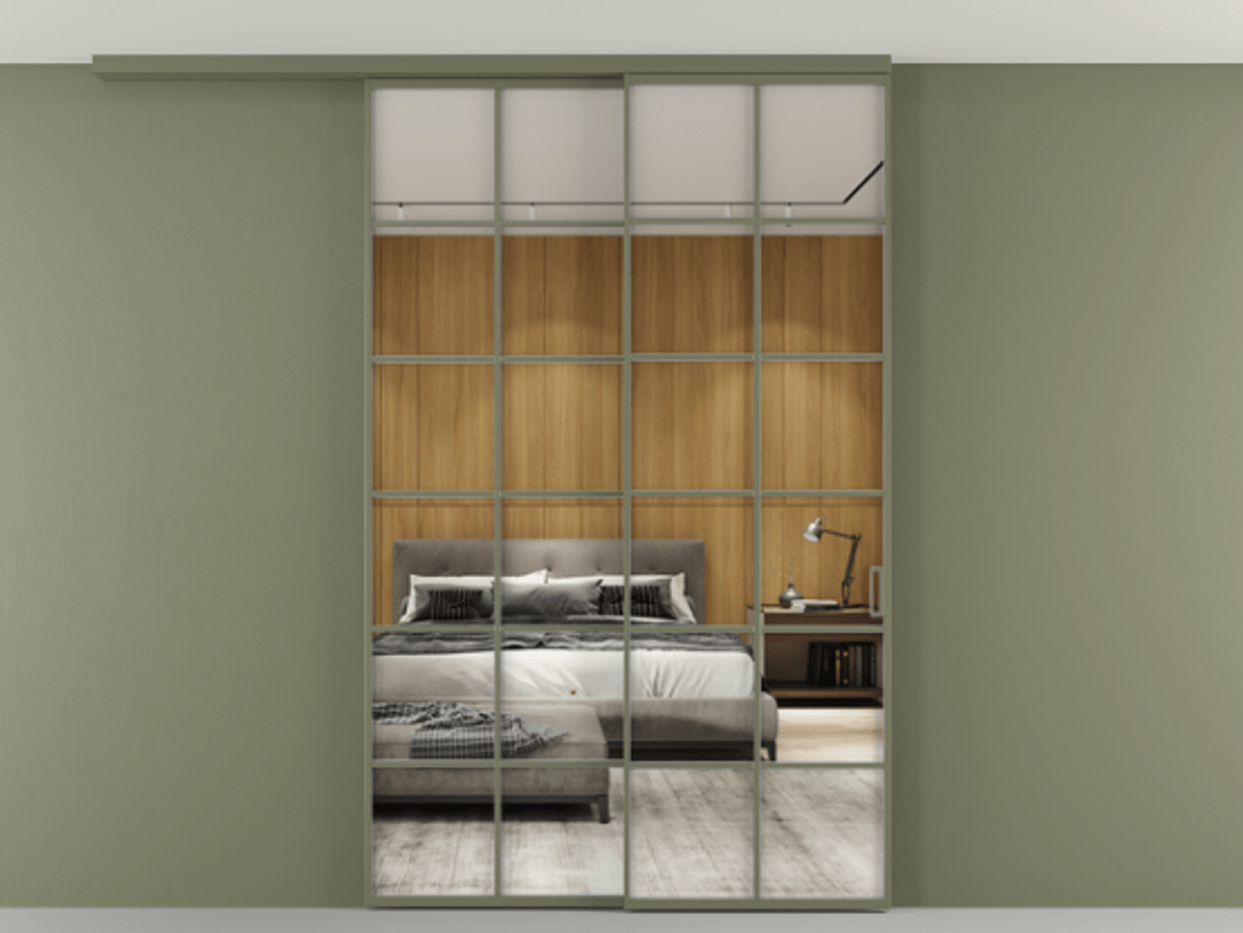 Перегородка Формато вдоль стены на потолок 2 створки с синхронным механизмом АЛПР 040.05 Алюминий оливковый тёмный Двустороннее зеркало, триплекс , триплекс 6 мм Цена 15210 AZE | Volhovec