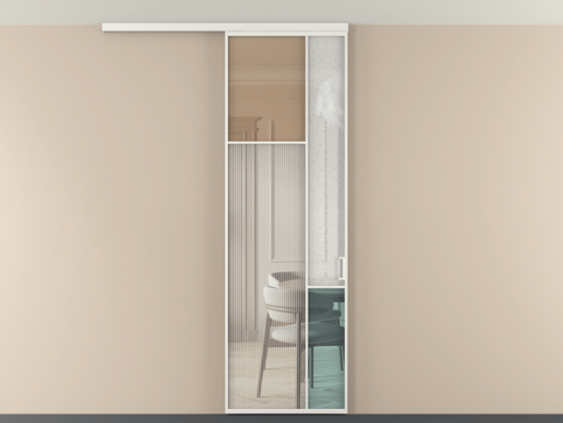 Перегородка Мозаик вдоль стены на потолок 1 створка АЛПР 041.10 Алюминий светло-серый Комбинация стекол Группы 1 и Группы 3 Цена 7400 AZE | Volhovec