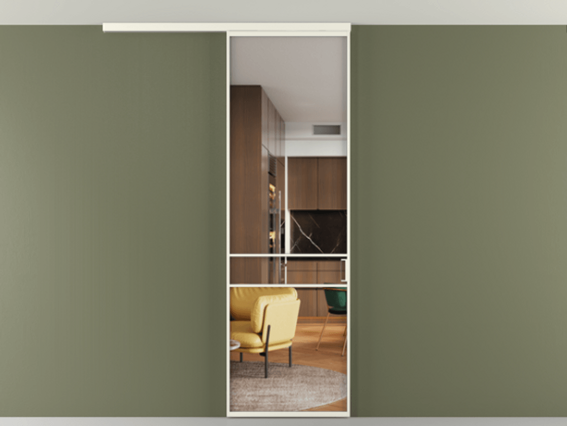 Перегородка Формато вдоль стены на потолок 1 створка АЛПР 040.02 Алюминий жемчужный Прозрачное стекло "Кристал Вижн", калёное Цена 6540 AZE | Volhovec