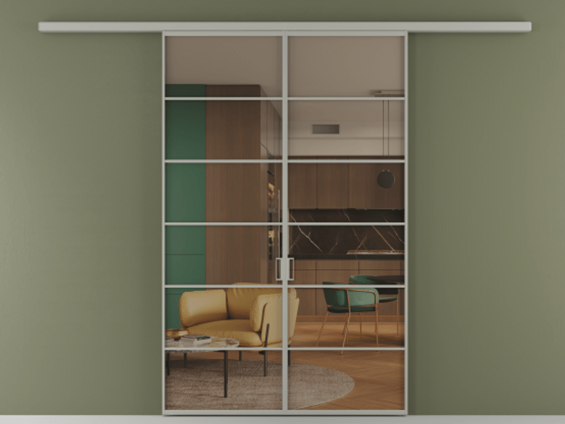 Перегородка Формато вдоль стены 2 створки АЛПР 040.04 Алюминий нейтральный серый Прозрачное бронзовое стекло, триплекс Цена 10800 AZE | Volhovec