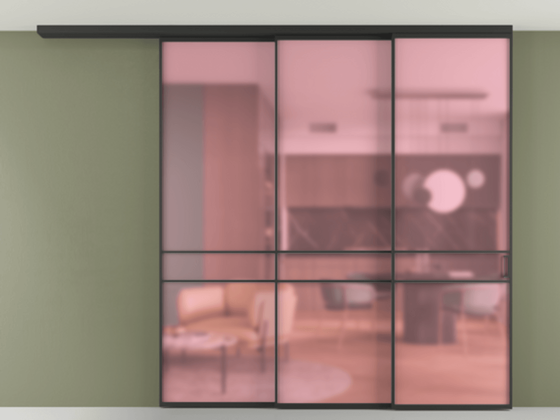 Перегородка Formato вдоль стены на потолок 3 створки с синхронным механизмом АЛПР 040.02 Алюминий Черный Сатинированное розовое стекло, триплекс Цена 19700 AZE | Volhovec