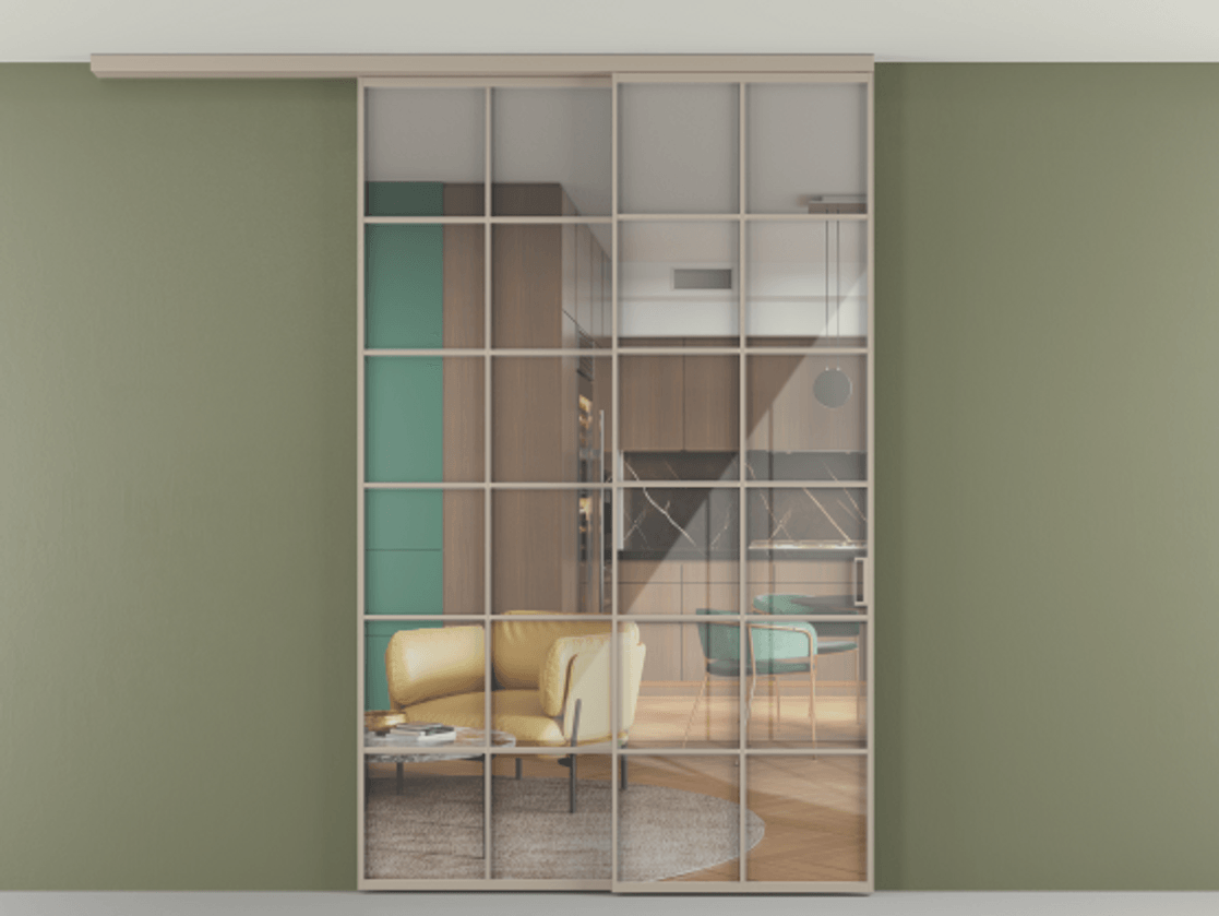 Перегородка Формато вдоль стены на потолок 2 створки с синхронным механизмом АЛПР 040.05 Алюминий бисквитный Рефлективное прозрачное стекло "Стопсол", калёное Цена 15870 AZE | Volhovec