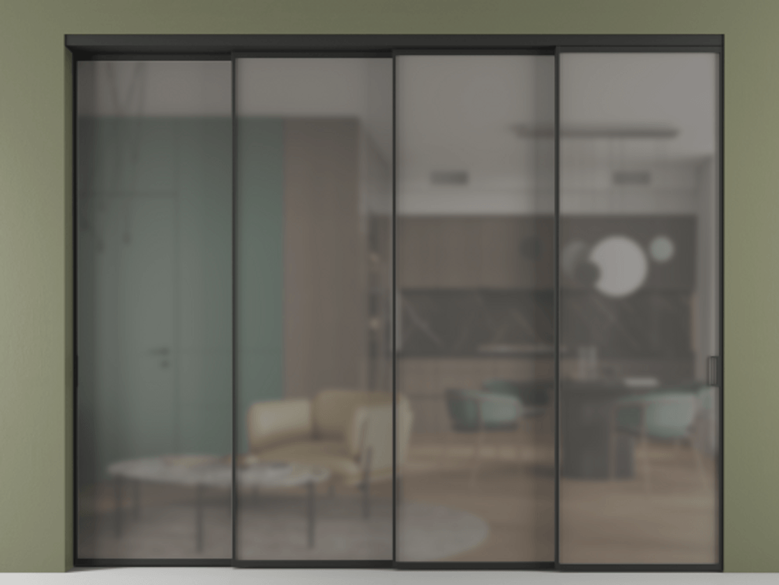 Перегородка Формато внутри проёма 4 створки с синхронным механизмом АЛПР 040.01 Алюминий Черный Сатинированное серое стекло, триплекс Цена 23080 AZE | Volhovec