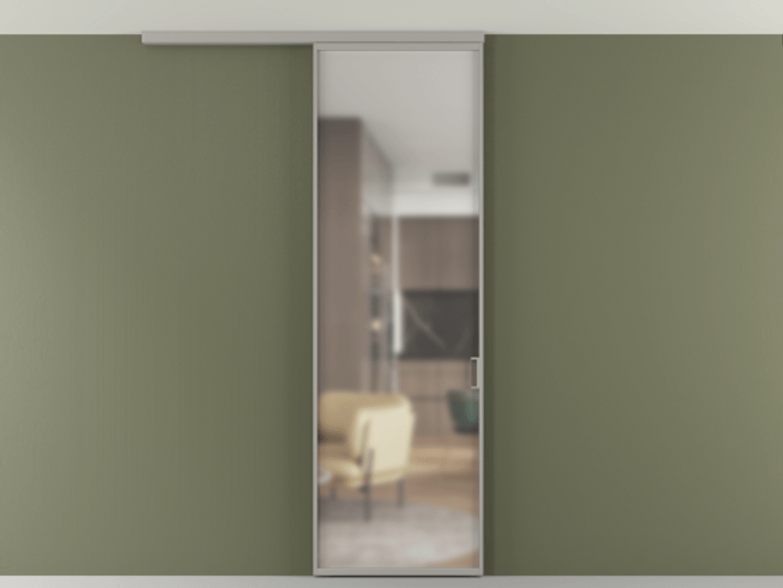 Перегородка Формато вдоль стены на потолок 1 створка АЛПР 040.01 Алюминий нейтральный серый Сатинированное стекло "Мателюкс Кристал Вижн", калёное, матовое, каленое 6 мм Цена 6230 AZE | Volhovec