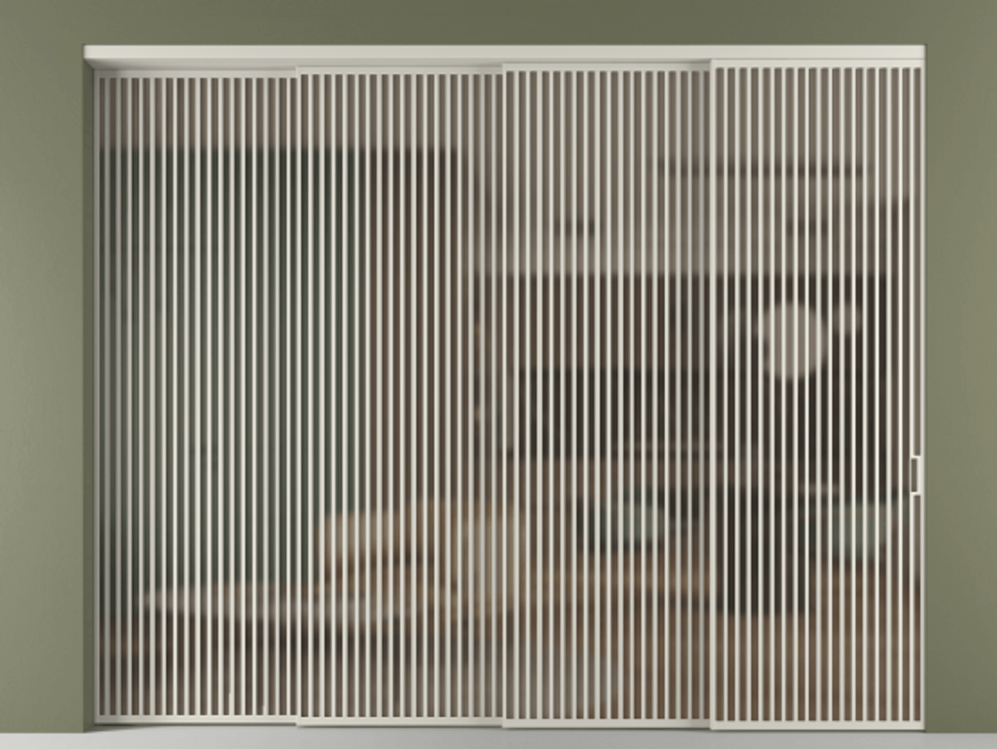 Перегородка Формато внутри проёма 4 створки с синхронным механизмом АЛПР 040.06 Алюминий тёплый серый Сатинированное бронзовое стекло, триплекс Цена 40520 AZE | Volhovec