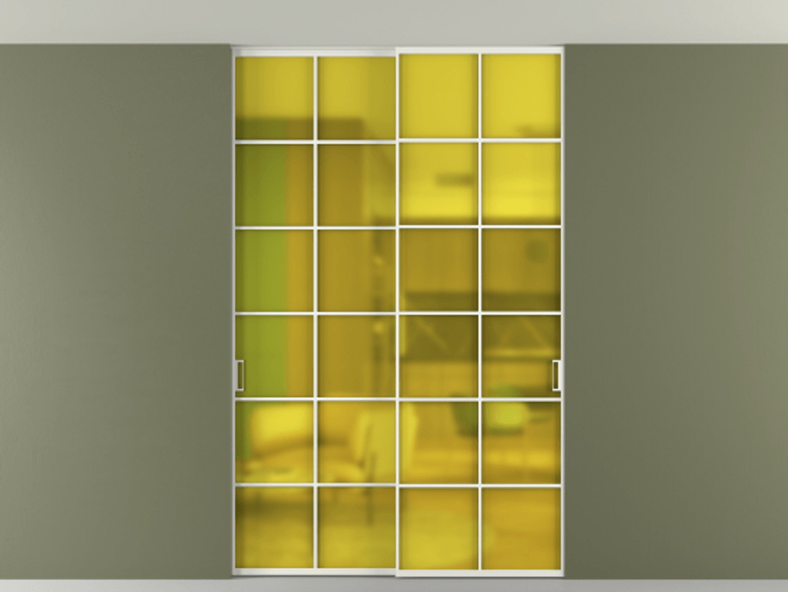 Перегородка Формато внутри проёма скрытое крепление в потолок 2 створки АЛПР 040.05 Алюминий светло-серый Сатинированное жёлтое стекло, триплекс Цена 261085 ₽ | Volhovec