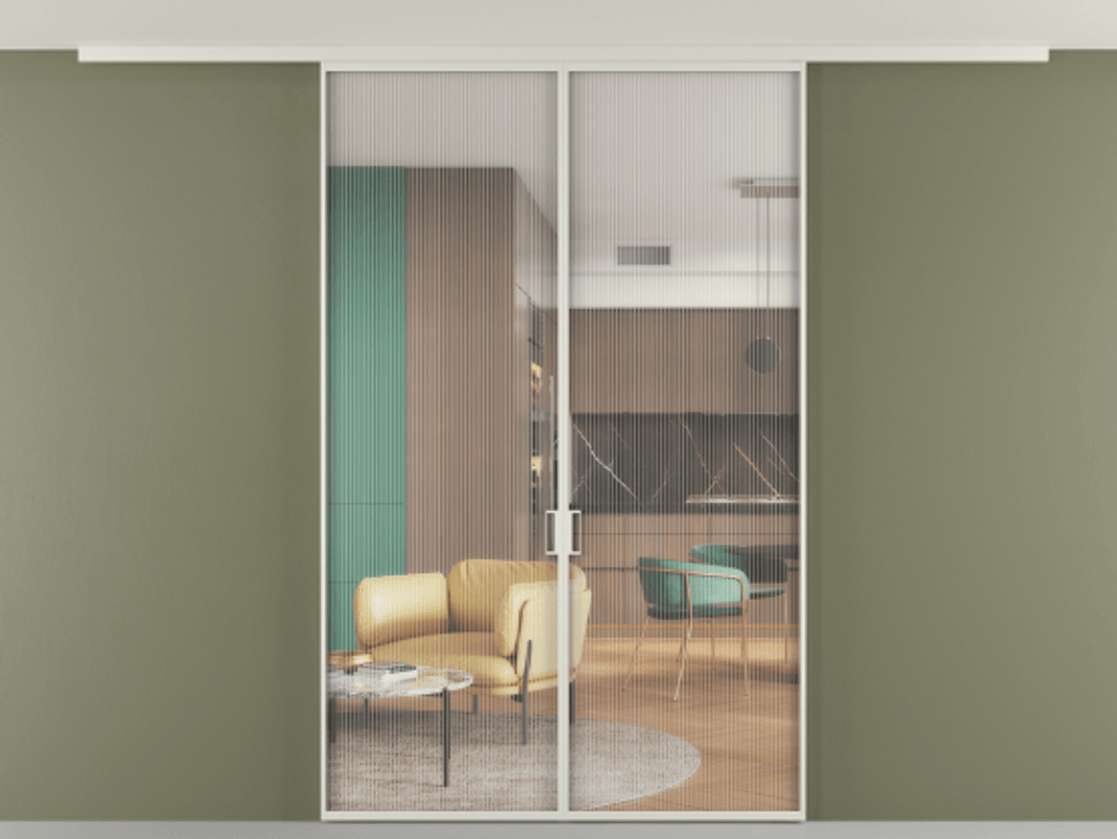 Перегородка Формато вдоль стены на потолок 2 створки АЛПР 040.01 Алюминий Белый Рифлёное стекло "Мору", триплекс Цена 9540 AZE | Volhovec