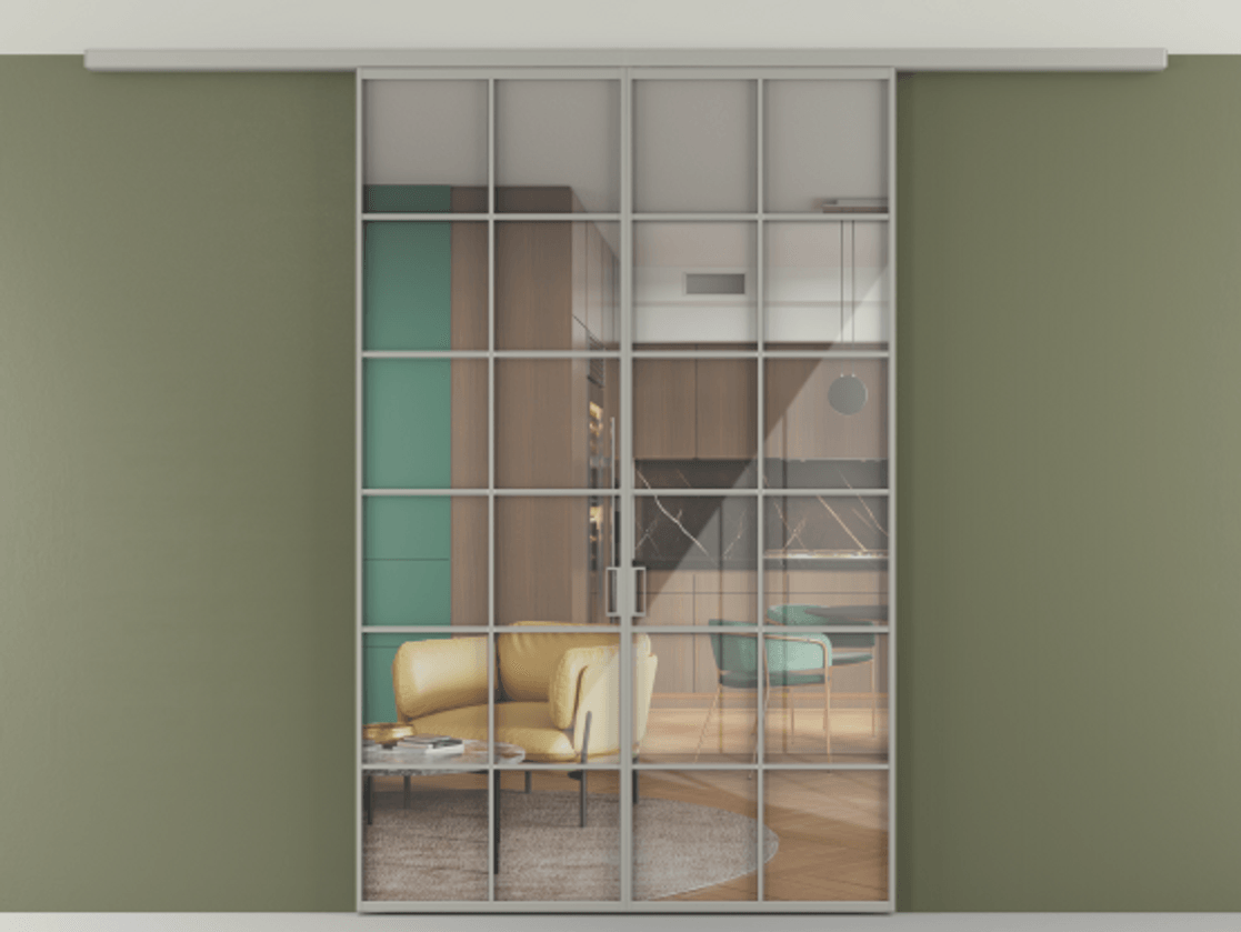 Перегородка Формато вдоль стены на потолок 2 створки АЛПР 040.05 Алюминий нейтральный серый Рефлективное прозрачное стекло "Стопсол", калёное Цена 11541 AZE | Volhovec