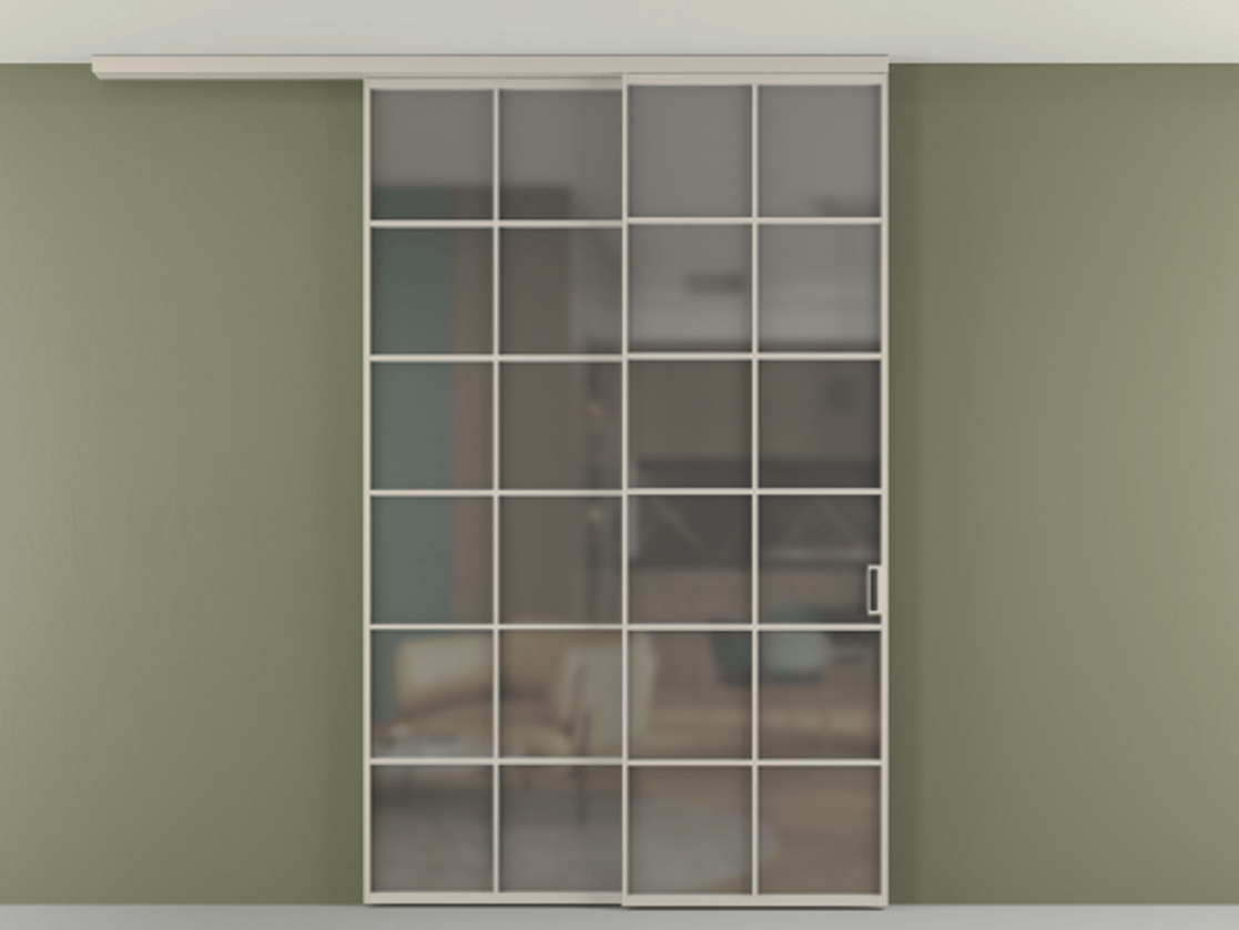 Перегородка Формато вдоль стены на потолок 2 створки с синхронным механизмом АЛПР 040.05 Алюминий светло-бежевый Сатинированное серое стекло, триплекс Цена 15210 AZE | Volhovec