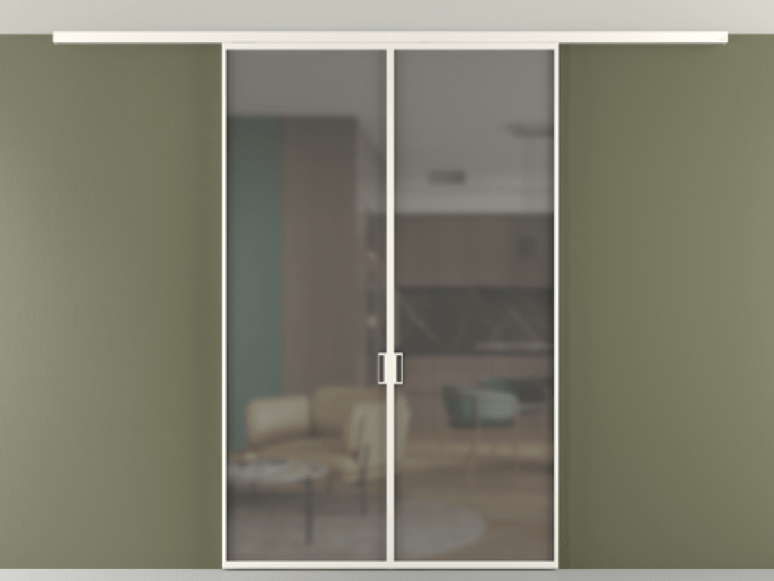 Перегородка Формато вдоль стены на потолок 2 створки АЛПР 040.01 Алюминий пудровый белый Сатинированное серое стекло, триплекс Цена 9260 AZE | Volhovec