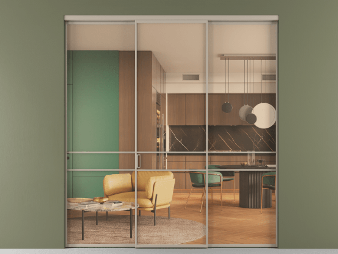 Перегородка Формато внутри проёма 3 створки АЛПР 040.02 Алюминий бисквитный Прозрачное оранжевое стекло, триплекс Цена 12400 AZE | Volhovec