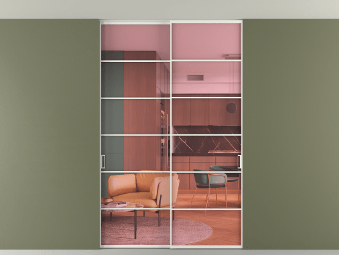 Перегородка Формато внутри проёма скрытое крепление в потолок 2 створки АЛПР 040.04 Алюминий светло-серый Прозрачное розовое стекло, триплекс Цена 13600 AZE | Volhovec