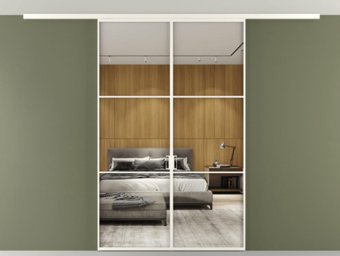 Перегородка Формато вдоль стены на потолок 2 створки АЛПР 040.03 Алюминий пудровый белый Двустороннее зеркало, триплекс , триплекс 6 мм Цена 11880 AZE | Volhovec