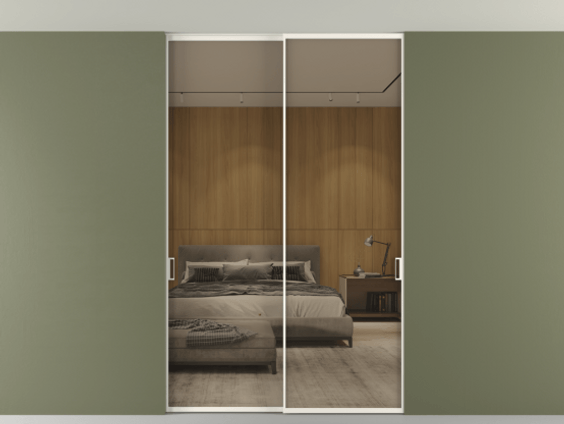 Перегородка Формато внутри проёма скрытое крепление в потолок 2 створки АЛПР 040.01 Алюминий пудровый белый Рефлективное бронзовое стекло "Стопсол", калёное Цена 15310 AZE | Volhovec