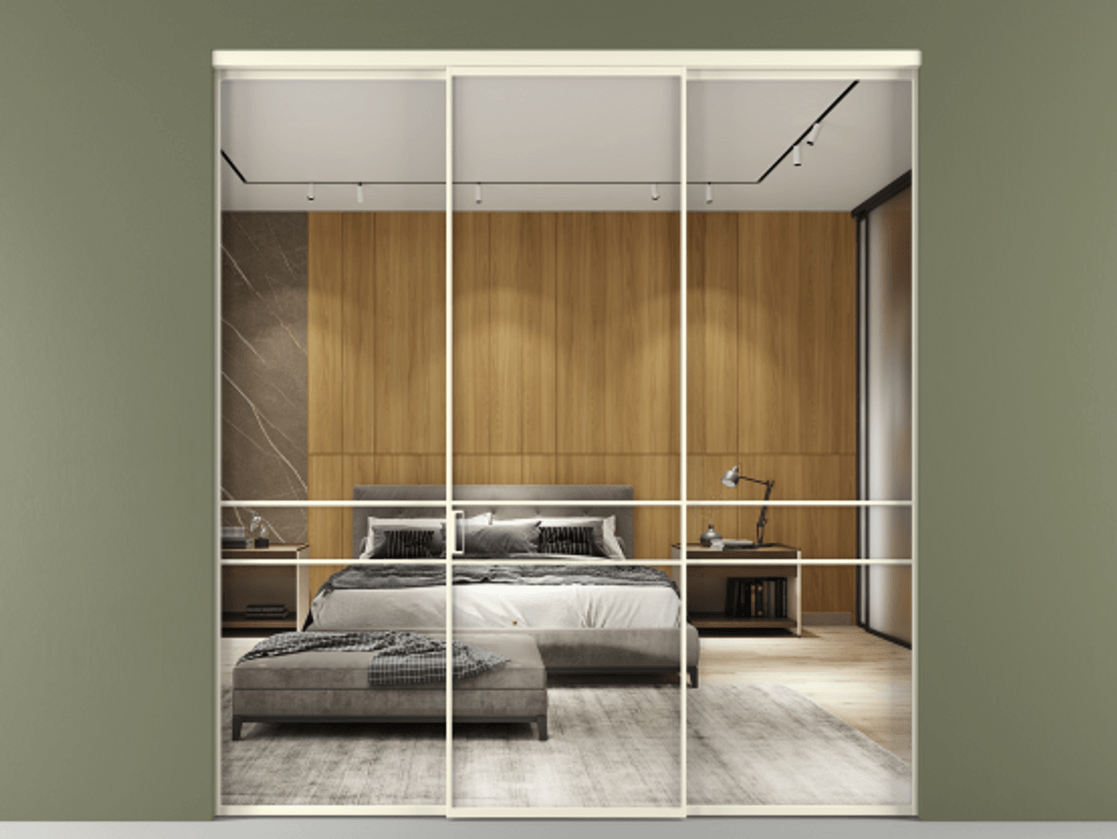 Перегородка Formato внутри проёма 3 створки АЛПР 040.02 Алюминий молочно-белый Двустороннее зеркало, триплекс , триплекс 6 мм Цена 237275 ₽ | Volhovec