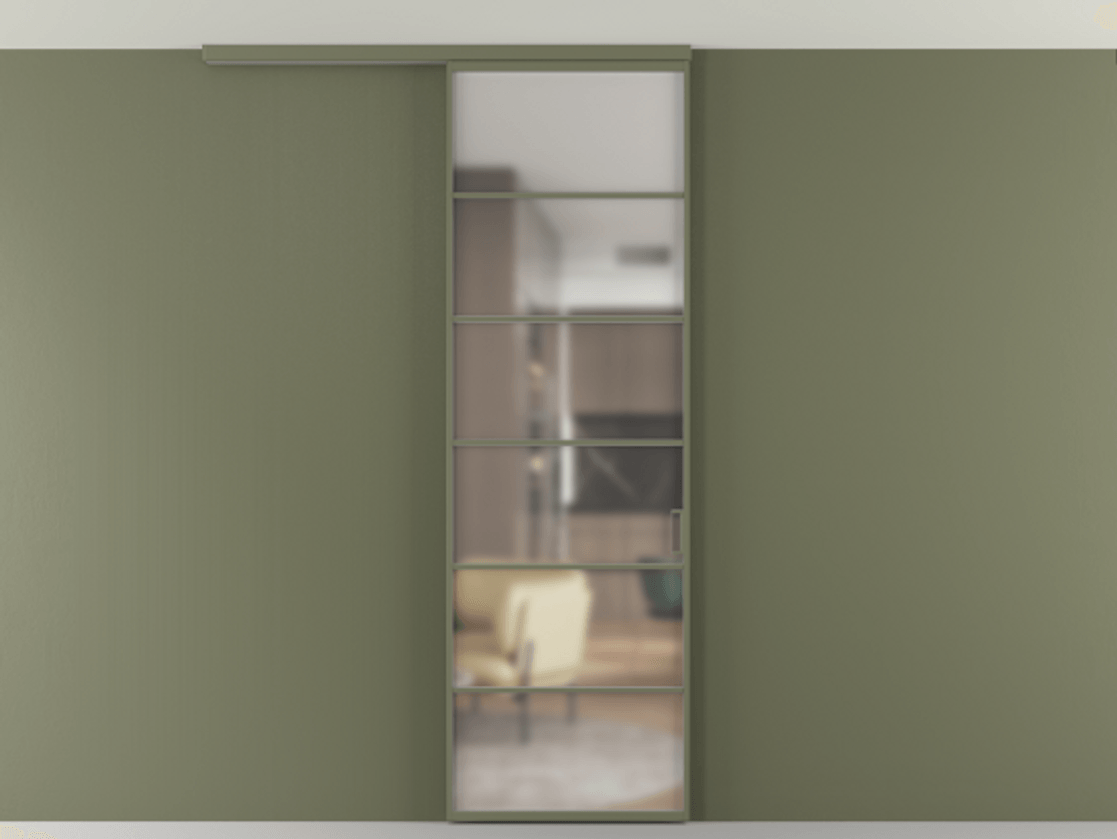 Перегородка Формато вдоль стены на потолок 1 створка АЛПР 040.04 Алюминий оливковый тёмный Сатинированное стекло "Мателюкс Кристал Вижн", калёное, матовое, каленое 6 мм Цена 5960 AZE | Volhovec