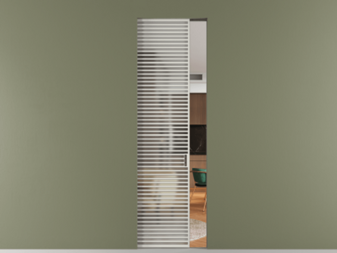 Перегородка Формато скрытый пенал 1 створка АЛПР 040.07 Алюминий Белый Сатинированное стекло "Мателюкс Кристал Вижн", калёное, матовое, каленое 6 мм Цена 7210 AZE | Volhovec